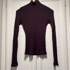 James Perse Large Dark Brown Turtleneck Longsleeve Ribbed Stretch Capsule Closet